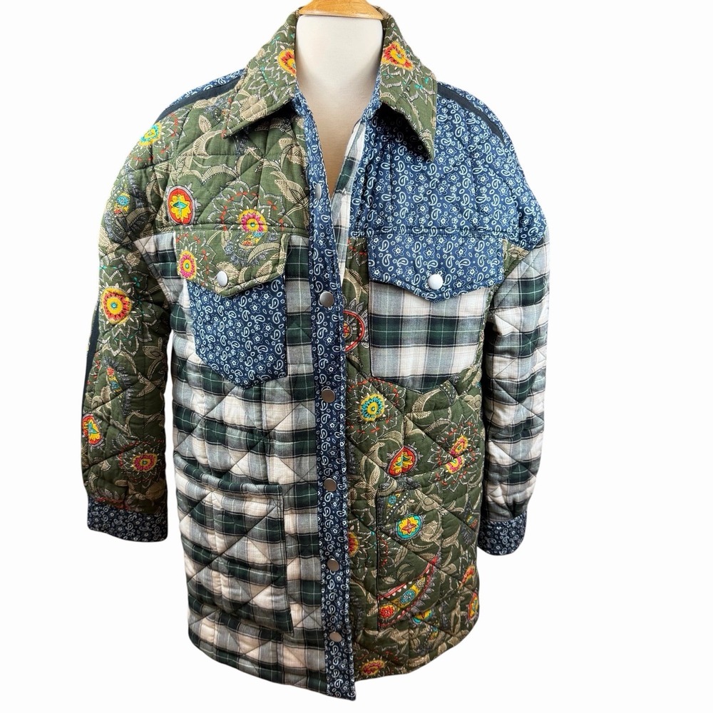 Avec Les Filles Coat Patchwork Jacket Plaid Paisley Floral Women's M Green Navy